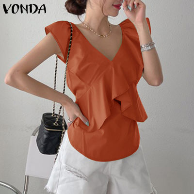 (จัดส่งฟรี)Fancystyle VONDA เสื้อพลีทแขนกุดลำลองธุรกิจเสื้อคอวีมีระบายสำหรับผู้หญิง