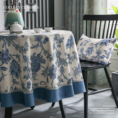 （HOT) ผ้าปูโต๊ะโต๊ะกลมขนาดใหญ่พอร์ซเลนสีฟ้าและสีขาวสไตล์จีน