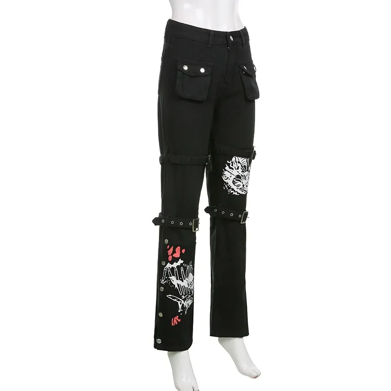 Emo Dark Cyber Y2k Pants Hippie Cargo Bodycon Gothic Punk Alt Baggy Jeans  Rivets Black Women Goth Hip Hop Kpop Academia Pants