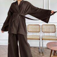 HOT★ชุดนอน Kimono 2022ใหม่100% Cotton Crepe ยาวกางเกงสุภาพสตรีชุดนอนชุดสตรีบริการ Mujer Solid ชุดนอน