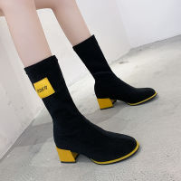 2021 New Chunky Mid-calf Women Boots Winter Designer Party High Heels Suede Stretch Boots Fashion y Snow Goth Chelsea Boots