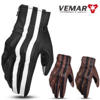 【CW】VEMAR Vintage Perforated Motorcycle Gloves Leather Racing Motocross Biker Gloves Touchscreen Black White Stripe Glove Moto Guant