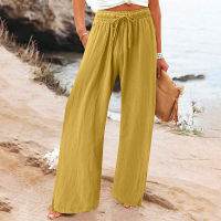 CHUIMOU กางเกงขาบานผ้ายืดกางเกงขาทรงกระบอกแฟชั่นสำหรับผู้หญิง,กางเกงเอวสูงยาวผูกเชือกสีทึบหลวมสวมใส่ทุกวัน