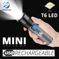 ไฟฉายไฟ LED ชาร์จ USB ได้พร้อม T6 LED ในตัว1200MAh แบตเตอรี่ลิเธียมไฟฉายแบบปรับขยายได้ตะเกียงตั้งแคมป์กันน้ำ