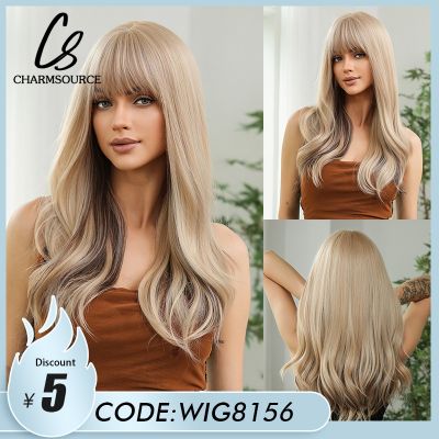 【jw】☂ CharmSource wavy Ombre to Blonde Wigs for Wig with bangs Resistant Headband
