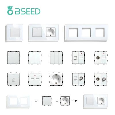 BSEED Mvava DIY UK EU Standard TV Satellite USB Socket Button Switch With Crystal Glass Frame Panel White Home Improvement