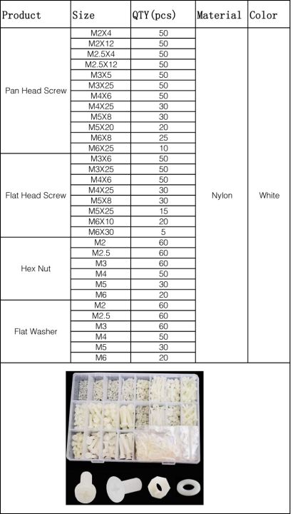 สกรูพลาสติกหุ้มฉนวนพลาสติกที่ทำจากไนลอนฟิลลิปส์ชุดเครื่องซักผ้าน็อตสกรู-m2m3m4m5m6สีขาว1275ชิ้น