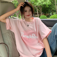 hanshi [2023 new HOT FASHION] lazlook เสื้อยืดพิมพ์ลายตัวอักษรคอกลมแขนสั้นสำหรับผู้หญิง, เสื้อยืดทรงหลวมลำลอง