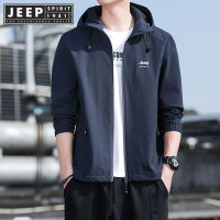 JEEP SPIRIT 1941 ESTD เสื้อแจ็คเก็ตน้ำหนักเบาฤดูใบไม้ร่วง Casual Men S Hooded Tooling Jacket Trend Solid Color Letter Coat