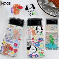 HOCE เคสโทรศัพท์ลายจุดรูปหมีดอกไม้การ์ตูนหมีสำหรับ Samsung Galaxy Z Flip 3 5G ด้านหลังพีซีชนิดแข็งสำหรับ ZFlip3ตัวยึดไดโนเสาร์เคสป้องกัน