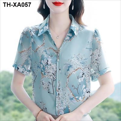 High-end silk womens new casual all-match foreign style summer top short-sleeved printed temperament