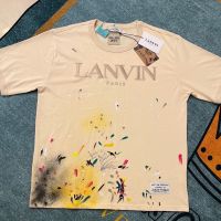 Lanvin X Gallery Dept เสื้อยืดแขนสั้น,ผ้าฝ้ายบริสุทธิ์ผู้ชายปักลายหมึกสาดเหมาะสำหรับคู่รักผู้หญิง