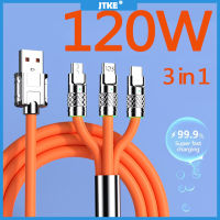 3 In 1 120W 6A เครื่องชาร์จสายไฟยูเอสบีซิลิโคนแบบชาร์จเร็วชนิด C ไมโคร USB สายเคเบิลข้อมูล