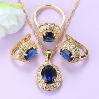 N ชุดเครื่องประดับ Blue Cubic Zirconia สร้อยคอและต่างหูคลิปเครื่องแต่งกายเจ้าสาวสร้อยข้อมือแหวนชุดเครื่องประดับสำหรับผู้หญิง Wedding