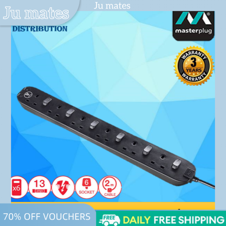 Masterplug 6Gang Surge Protector Extension Lead 2M Power Cord with SafetyShuttered Sockets