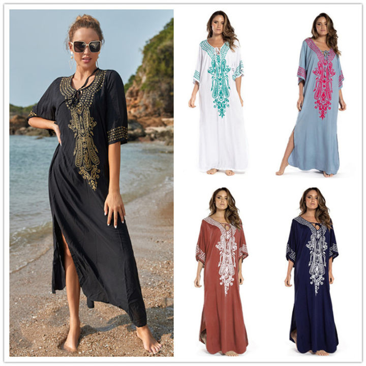 Embroidery Pareo Beach Tunic Kaftan Bikini Cover Up Bathing Suit Beach ...