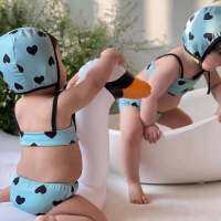 Summer Split Swimsuit Newborn Cute Heart Printed Cotton Sleeveless Sling Tops + Infant Soft Pppant + Loose Swimming Cap