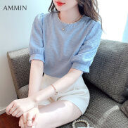 AMMIN Áo Voan Tay Phồng Đính Cườm Cổ Tròn Cho Nữ Phong Cách Hàn Quốc Áo