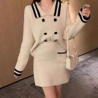 【HOT】❦✗❦ womens dresses spring 2022 elegant knitted suit Ladies girl exquisite contrast knit short Two-piece dress