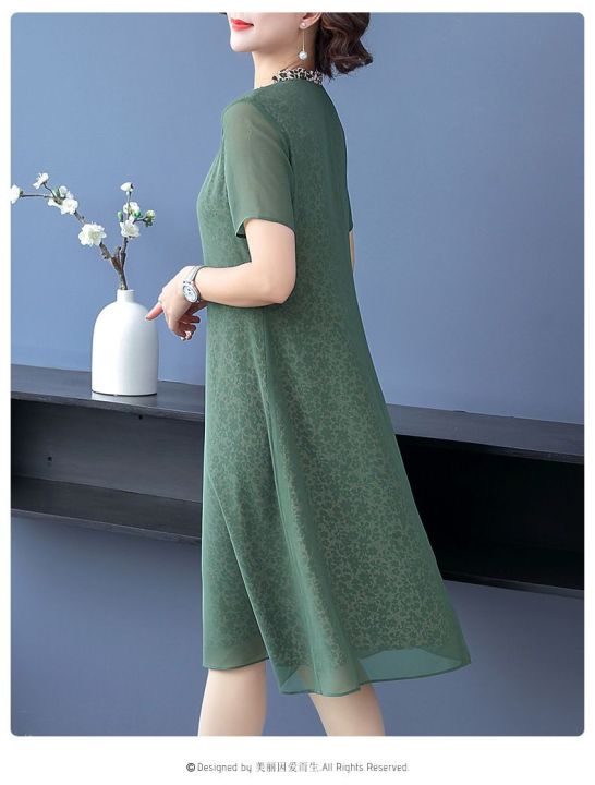 noble-ชุดชีฟองผู้หญิง2022ใหม่แฟชั่นชุดแม่แฟชั่นขนาดใหญ่ผ่อนคลายแขนสั้นชุดตรงชุดราตรีสำหรับสำคัญโอกาส