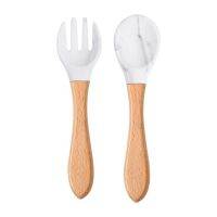 FL 2Pcs Food Grade Silicone Tips Baby Feeding Training Spoon and Fork Set with Wooden Handle Toddlers Infant Eat Independently Accessories