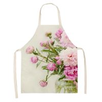 Kitchen Pink Rose Flower Pattern Sleeveless Apron Linen Bib Home Female Cleaning Cooking Apron Kitchen