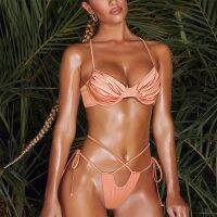 hotx 【cw】 Set 2023 Chest Swimwear Top Thong 2 Piece Bandage Swimsuit for Surfing