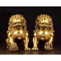 Large Pair Bronze Chinese Lion Foo Dog Statue Figure Sculpture Gold-Color