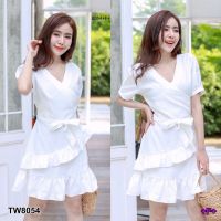 Chompoo Fashions ชุดเดรส DRESS เดรสคอวีแต่งระบาย สีชมพู