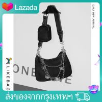 LIKEBAG กระเป๋าสลิงสีทึบพร้อมสายโซ่โลหะ,กระเป๋าสะพายคาดลำตัวสำหรับผู้หญิง