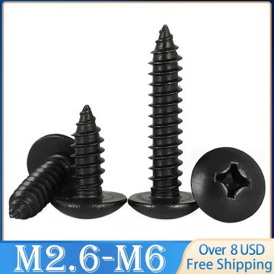 M5 M4 M2.6 M3 20-100ชิ้น M6สกรูสกรูหัวหนีบฟิลิปส์เหล็กสีดำ (หัวเห็ดแบบไขว้) ตะปูเกลียวแบบขันเองตัวยึดสกรูตะปู
