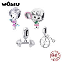 WOSTU 925เงินสเตอร์ลิงกีฬายกน้ำหนักออกกำลังกายเทนนิสสาวเสน่ห์ลูกปัดจี้พอดีเดิมสร้อยข้อมือสร้อยคอสำหรับผู้หญิงเครื่องประดับ