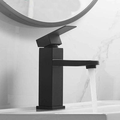 Black faucet Waterfall faucet Countertop stainless steel black faucet hot and cold mixed water bathroom faucet square single hol