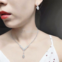 2Pcs Set Perhiasan Kalung Rantai Silver Hias Berlian Imitasi untuk Pengantin Wanita