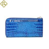 [COD] genuine leather long women zipper antimagnetic top layer blue crocodile print mens clutch