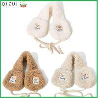 QIZUI หมีน่ารักๆ ที่ปิดหูกันหนาวผ้ากำมะหยี่ผูก กันลม พับเก็บได้ ที่อุ่นหู แฟชั่นสำหรับผู้หญิง ขี่กลางแจ้งขี่ ที่ครอบหูกำมะหยี่ ฤดูหนาวในฤดูหนาว