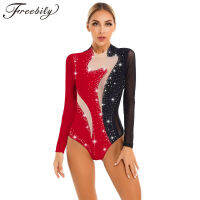 AWomens Rhinestone Sheer ตาข่ายแขนยาวบัลเล่ต์เต้นรำบอดี้สูท Patchwork ยิมนาสติก Leotard Acrobatics รูปสเก็ต JumpsuitM