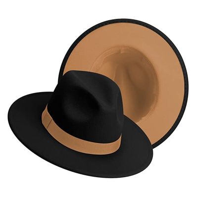 เรียบง่ายนอกสีดําภายในอูฐ Patchwork กว้าง Brim หมวก Fedora ผู้ชายผู้หญิงสองโทนรู้สึกหมวก Fedora คาวบอยแจ๊สหมวกสีน้ําตาลเข็มขัด◂