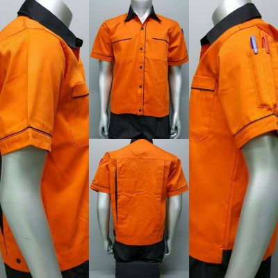 เสื้อคลุม  ยูนิฟอร์ม เสื้อทำงาน ผ้าคอมทวิว เสื้อเชิ้ต (M) - สีส้ม/ดำ