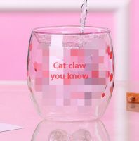 ใหม่ตีนแมวถ้วยกับถ้วยกาแฟนมแก้วเบียร์แก้วเชอร์รี่สีชมพูใสกระจกคู่แมวตีนถ้วย