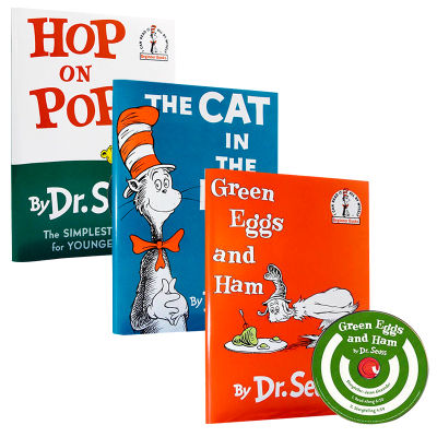 Imported English original Dr. Seuss, Dr. Seuss, 3 volumes, hop on pop / green eggs and ham / the cat in the hat with CD, Liao Caixing audio book list, paperback with CD