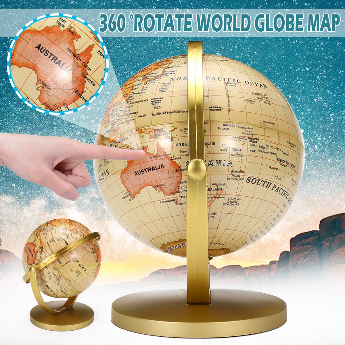 3-Size Vintage Style Rotating Globe  Swivel Map Earth Geography World Child Gift 