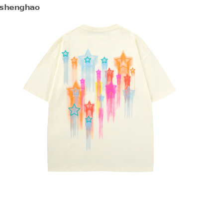 shenghao เสื้อยืดแขนสั้นพิมพ์ลายดาวแฟชั่นฤดูร้อนสำหรับผู้หญิงเสื้อยืดลำลองคอกลมทรงหลวม