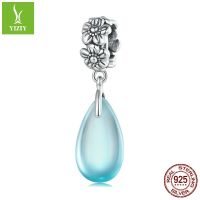 [COD] Ziyun design light blue flower hanging beads elegant and fresh s925 silver water drop glass