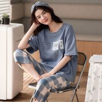 Uniqlo High quality new 100 cotton pajamas womens summer short-sleeved shorts two-piece student Korean style cute cartoon home service suit summer original