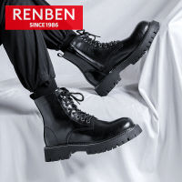 RENBEN รองเท้าบูทเทรนด์ฉบับภาษาเกาหลีสำหรับผู้ชาย,Sepatu BOOT Pendek ลำลองสีดำอเนกประสงค์รองเท้าบูท Martin สไตล์อังกฤษ