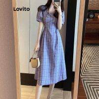 ✈☈☂ Lovito Casual Plaid Square Neck Short Puff Sleeves Flared Midi Dress for Women LNE02217 (Purple)