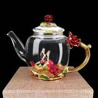 Elegant Enameled Crystal Glass Rose heat-resistant Tea pot kitchen Accessories Wedding Gifts Water Teapot Pitchers Drinkware