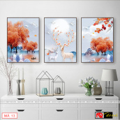 Bộ 3 tấm tranh treo tường phòng khách hiện đại Hươu 3D, Tranh treo bo viền cao cấp, In UV chống bay màu