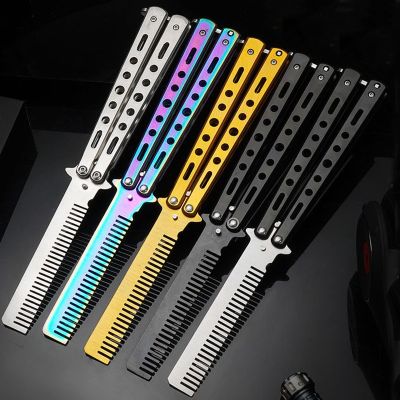 ‘；【。- Foldable Comb Stainless Steel Practice Training Butterfly  Comb Beard Moustache Brushe Salon Hairdressing Styling Tool
